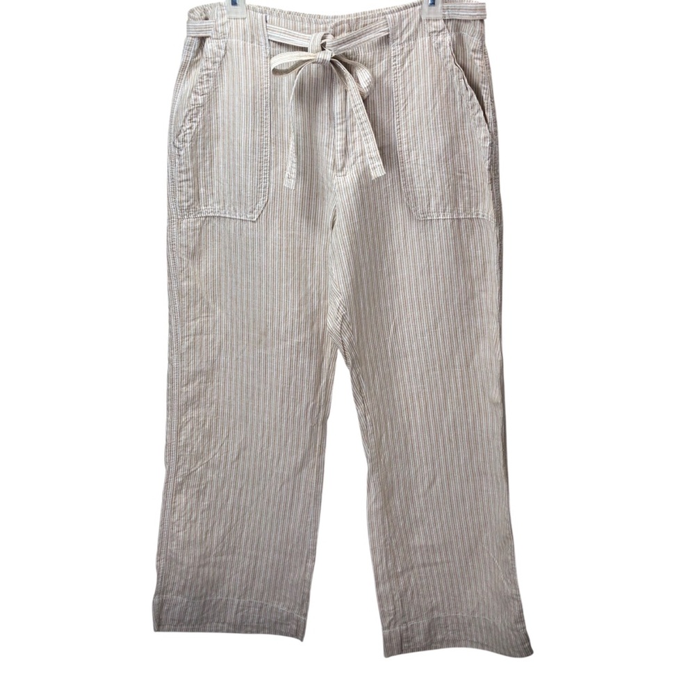 Gap Linen Blend Wide Leg Pant Sz 12 Womens High Rise Belted Pockets Tan Striped